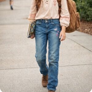 Girls Sz 16 Entro Blue Straight Leg Jeans with Embroidery Stretchy